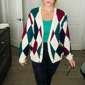 Milano Diamond Pattern Cardigan in Cream, Burgundy, and Teal